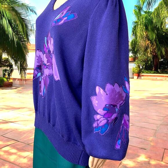 Vintage Sweater Floral Appliqué Purple Long Sleeve V-Neck Oversized Large - Picture 4 of 9